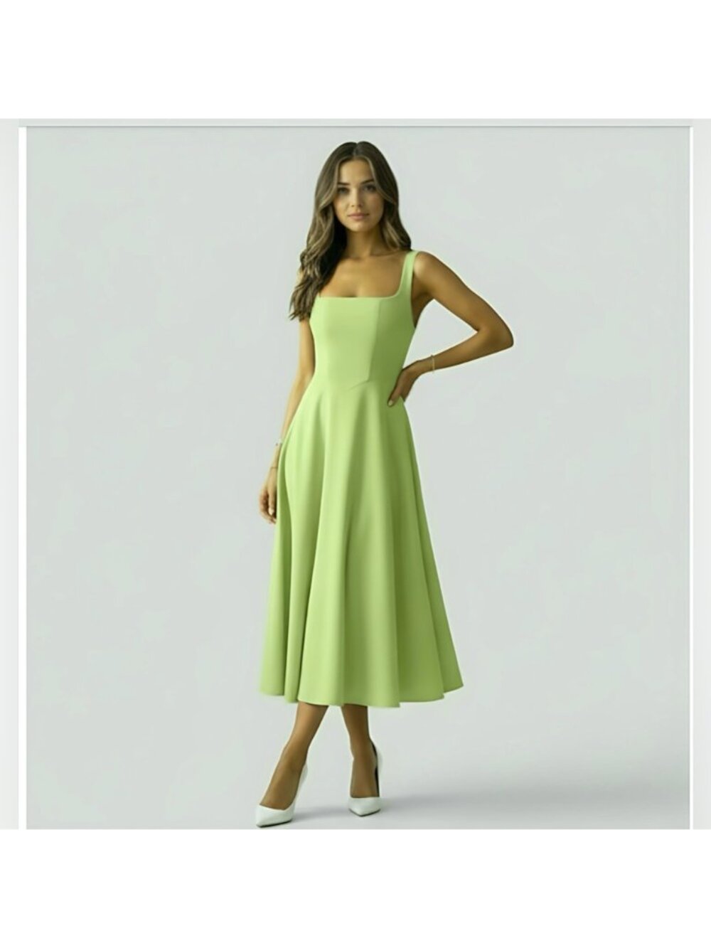 A-Line Sexy Bodice Midi Dress  Lime Green